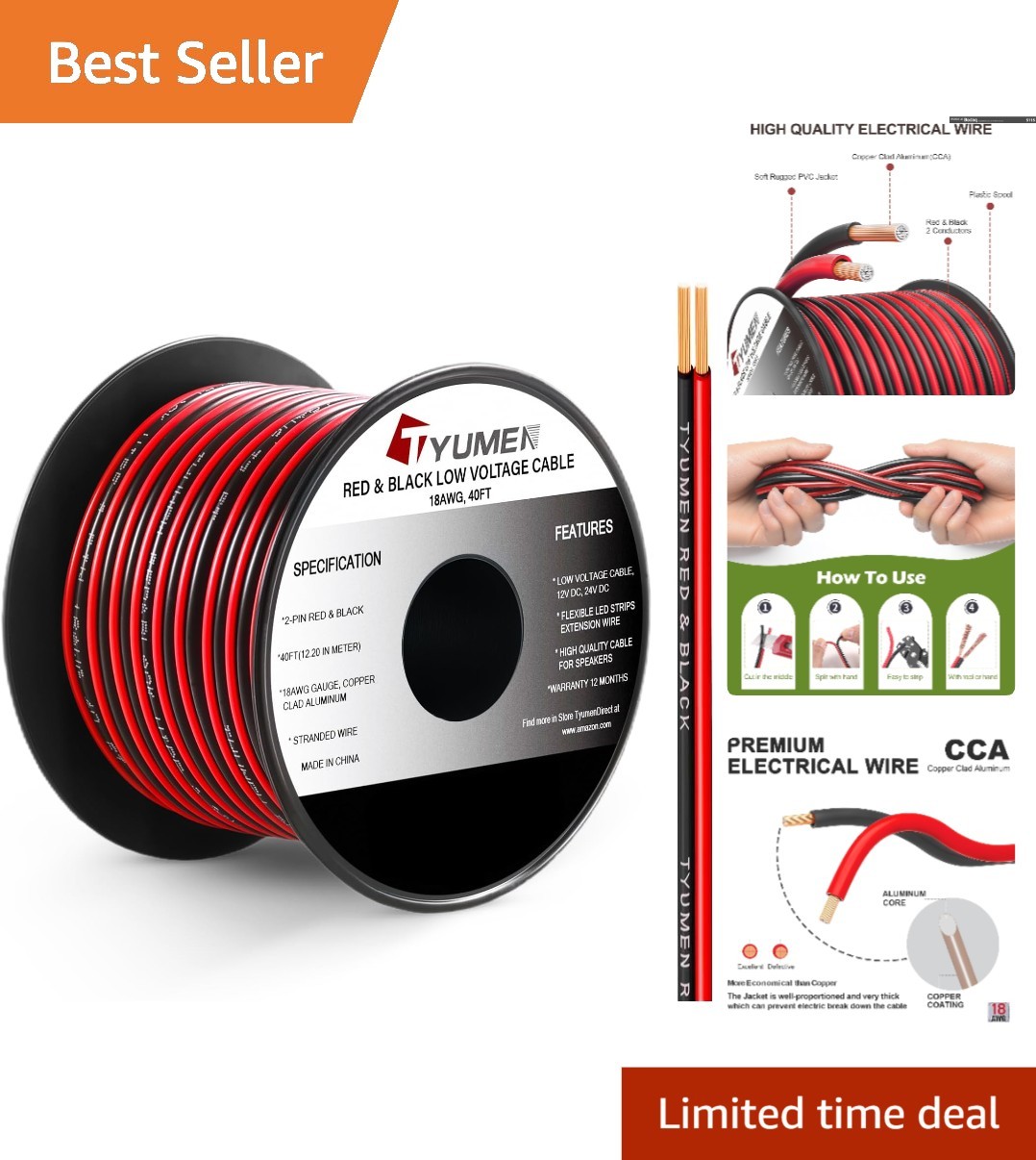40FT 18 AWG Red & Black LED Strip Extension Wire - Flexible 2-Pin Connector gallery