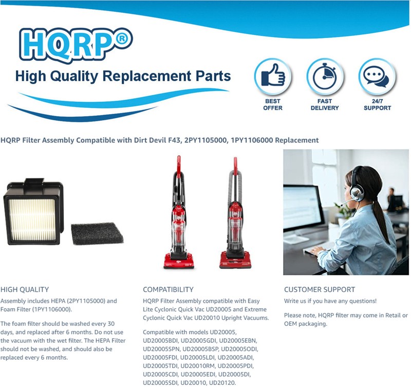 2-Pack HQRP Filter for Dirt Devil UD20005 UD20010, F43 2PY1105000 1PY1106000 gallery