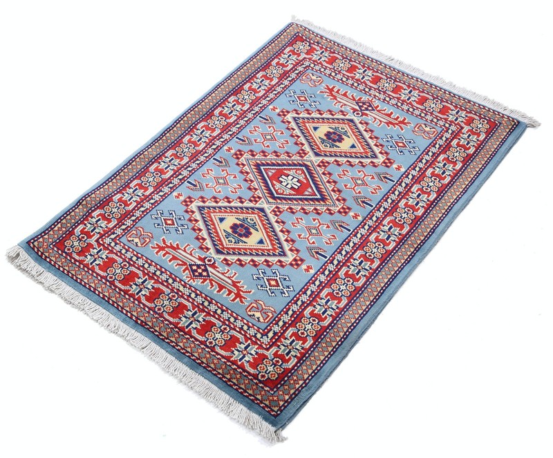 2x3 ft Handmade Blue, Red, Ivory Wool Accent Rug with Geometric Medallion Design gallery