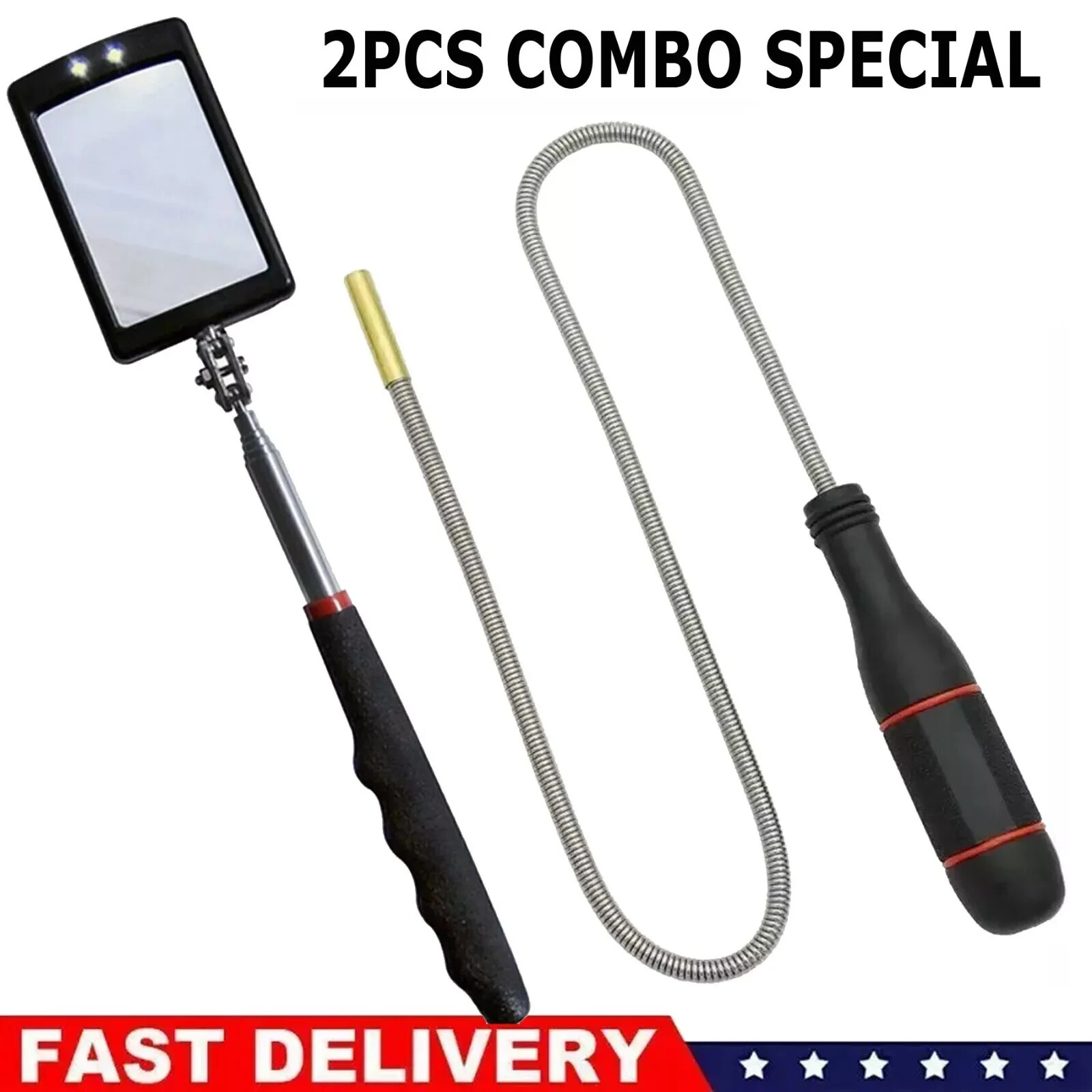 2 Magnetic Telescoping Pickup Rod Tool LED Light Grabber Stick Inspection Mirror gallery