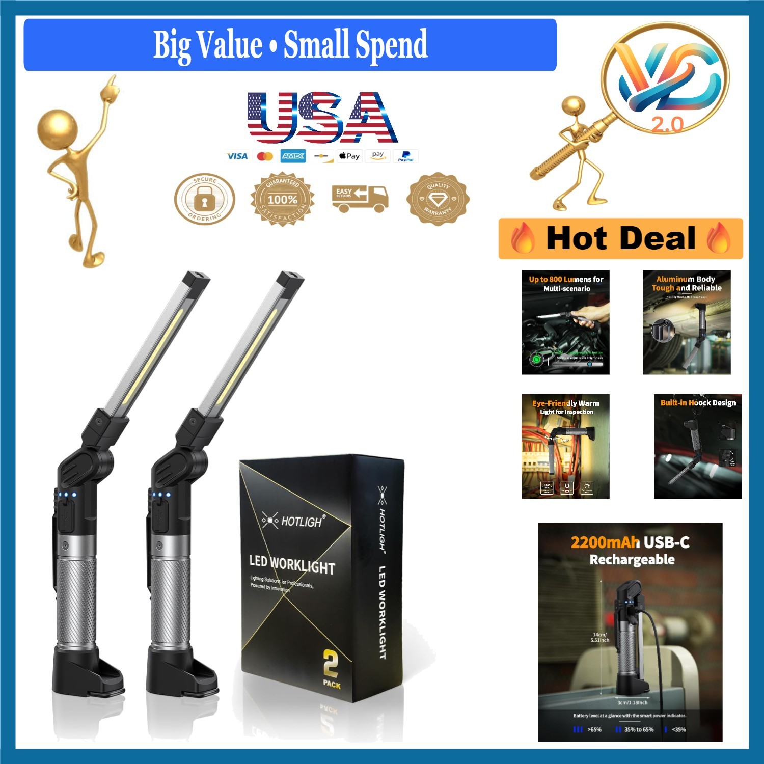 Work Light Rechargeable 800 Lumen Magnetic Foldable LED Flashlight 2 Pack gallery