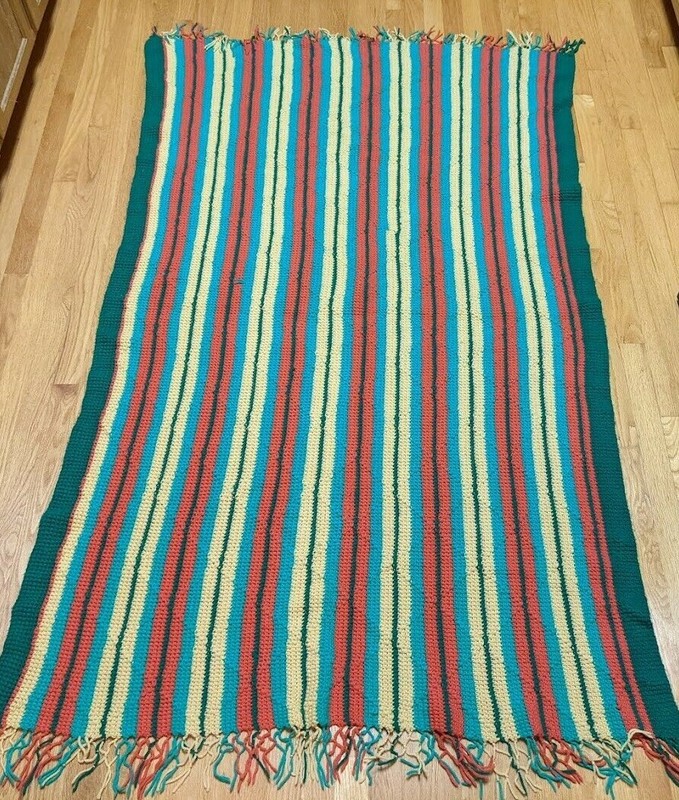 Handmade Crochet Throw Blanket Afghan – Orange Yellow Green Striped w/ Fringe gallery