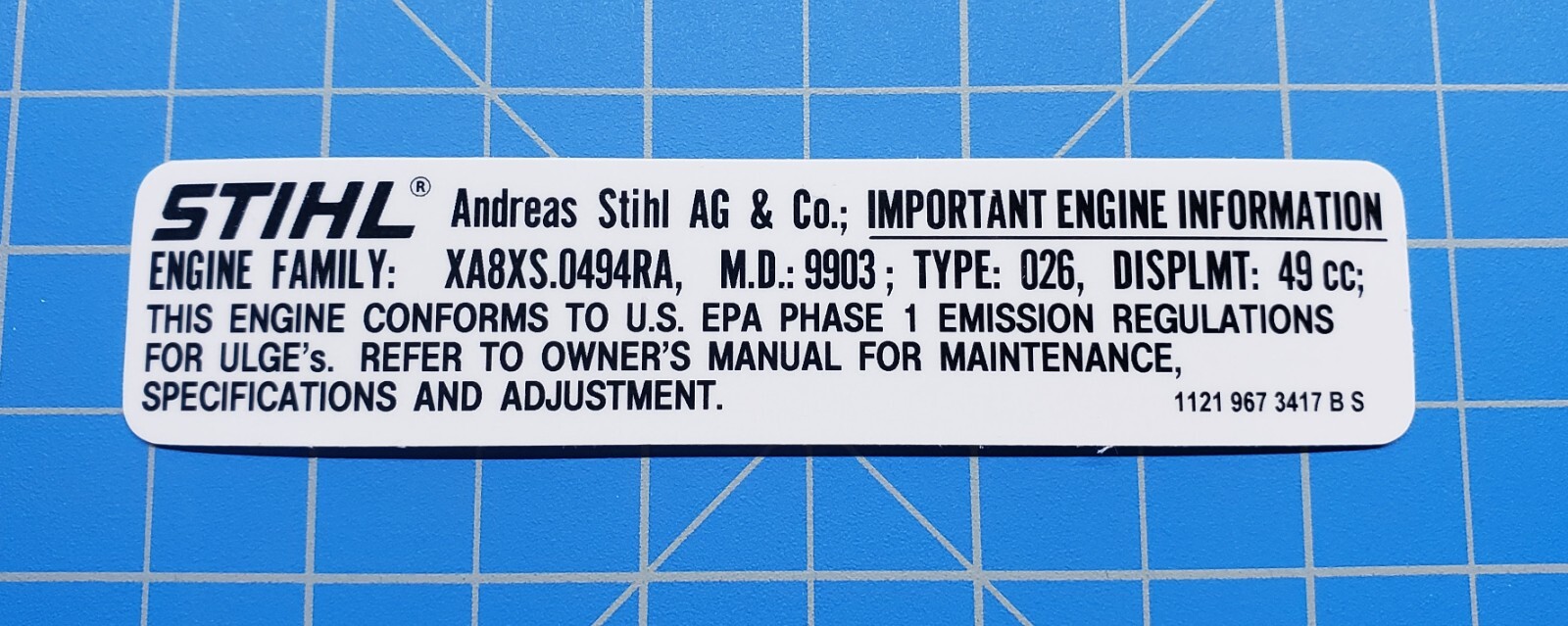 Stihl 026 Chainsaw Emissions Label Stihl Label # 1121 967 3417, # 11219673417 gallery