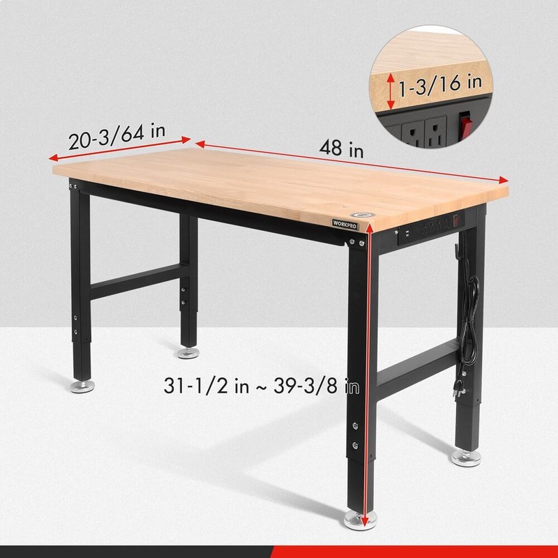 WORKPRO 48-in Heavy-Duty Adjustable Workbench Rubber Wood Top Hardwood Worktable gallery