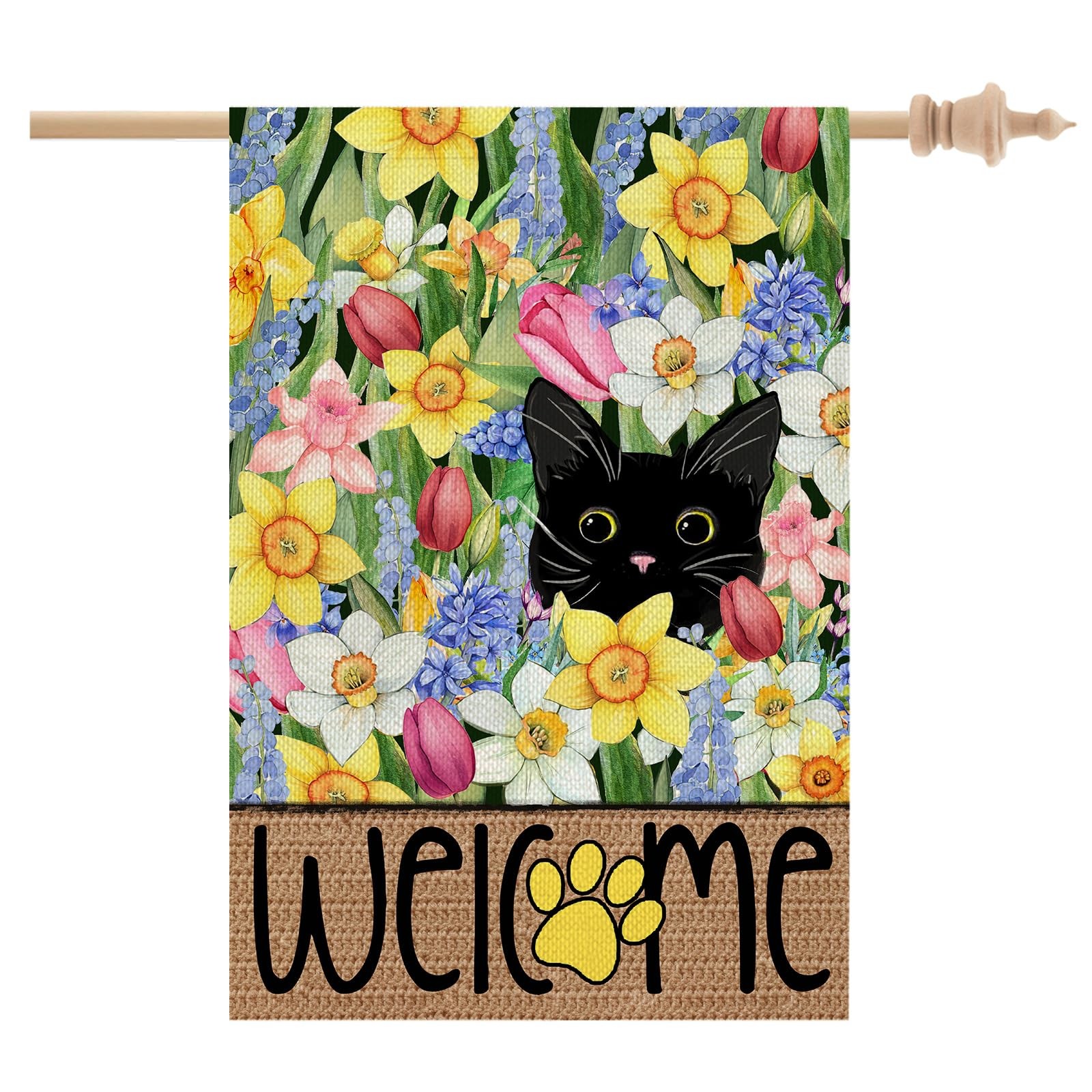 Spring Summer House Flag Black Cat Double Sided 28X40 Inches Large Burlap Welcom gallery