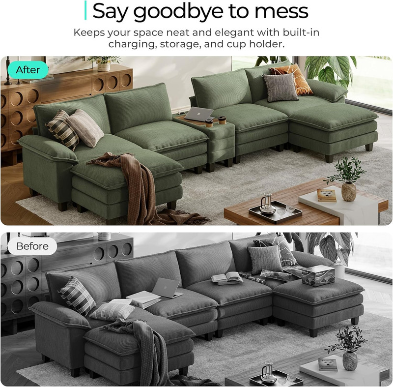 Comfy Green Modular Sectional Sofa with Storage, USB, and Cup Holders gallery