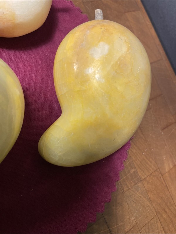 (3) Alabaster Marble Stone Fruit Mango Carved with Wooden Stems Vintage Italy gallery
