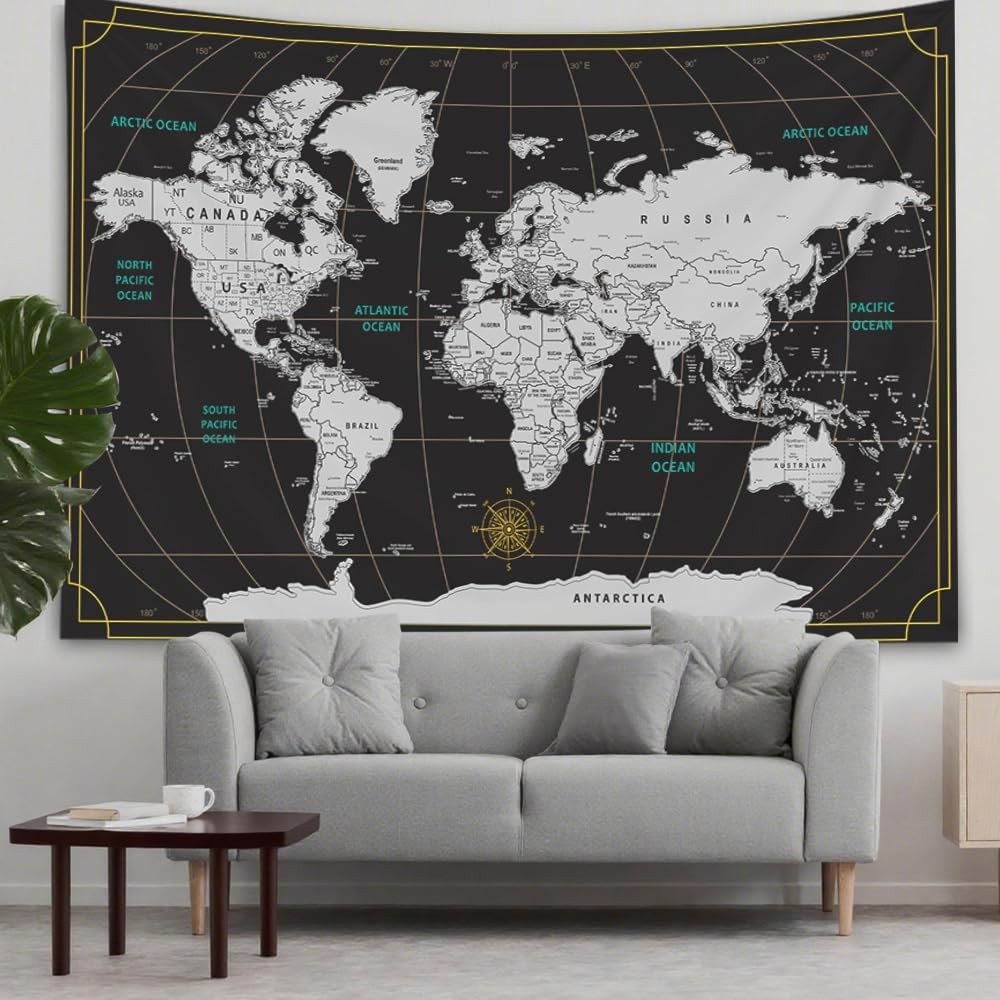 CAPSCEOLL World Map Tapestry Wall Hanging Black 40L x 30W, White 2 gallery