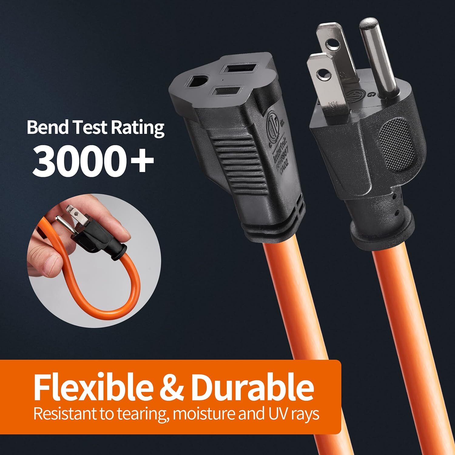 15ft 16AWG Outdoor Extension Cord, 3-Prong Grounded Plug, 13A 1625W gallery