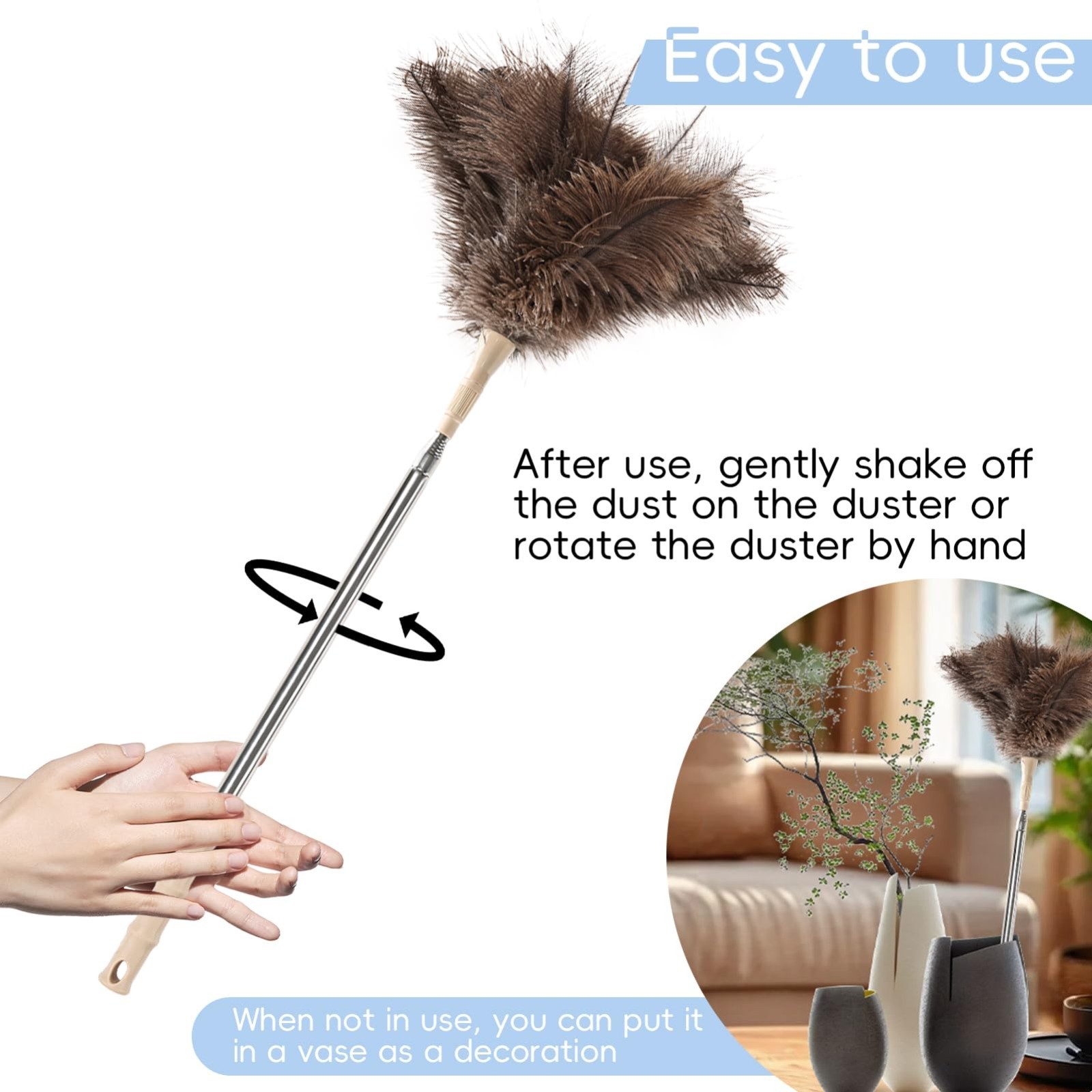 Fluffy Ostrich Feather Duster, Extendable 27-94 Inches, Ceiling Cleaner, Brown gallery