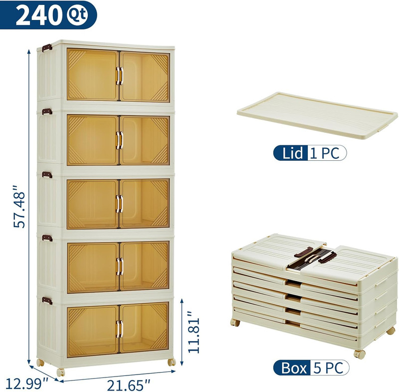 240QT Stackable Storage Bins, Folding Storage Box with Magnetic Doors & Wheels, gallery