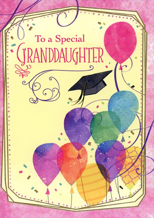 Nine Watercolor Balloons Inside Pink Border Graduation Card for Granddaughter gallery