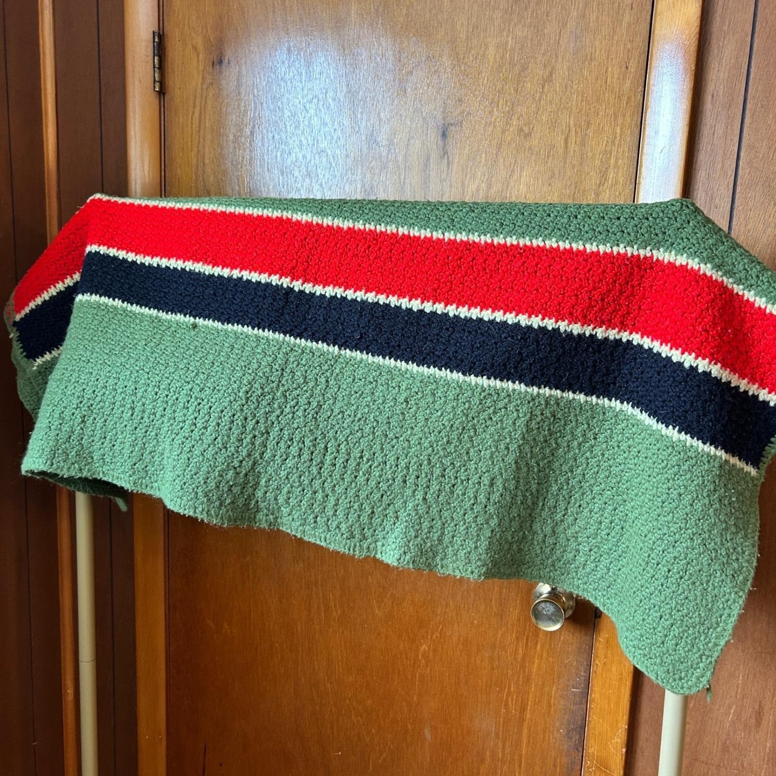 Handmade Crochet Throw Blanket Green Red Black Stripes Cozy Retro Blanket Rustic gallery