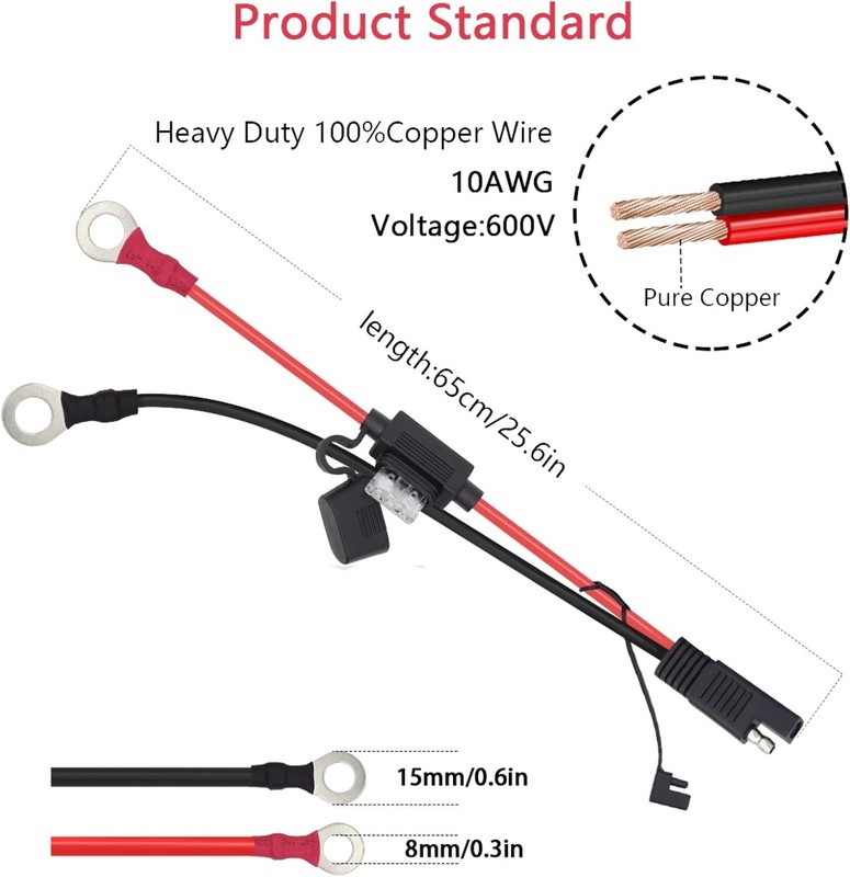 2 FT SAE Extension Cable Copper 10GA Waterproof Quick Connect with Fuse gallery