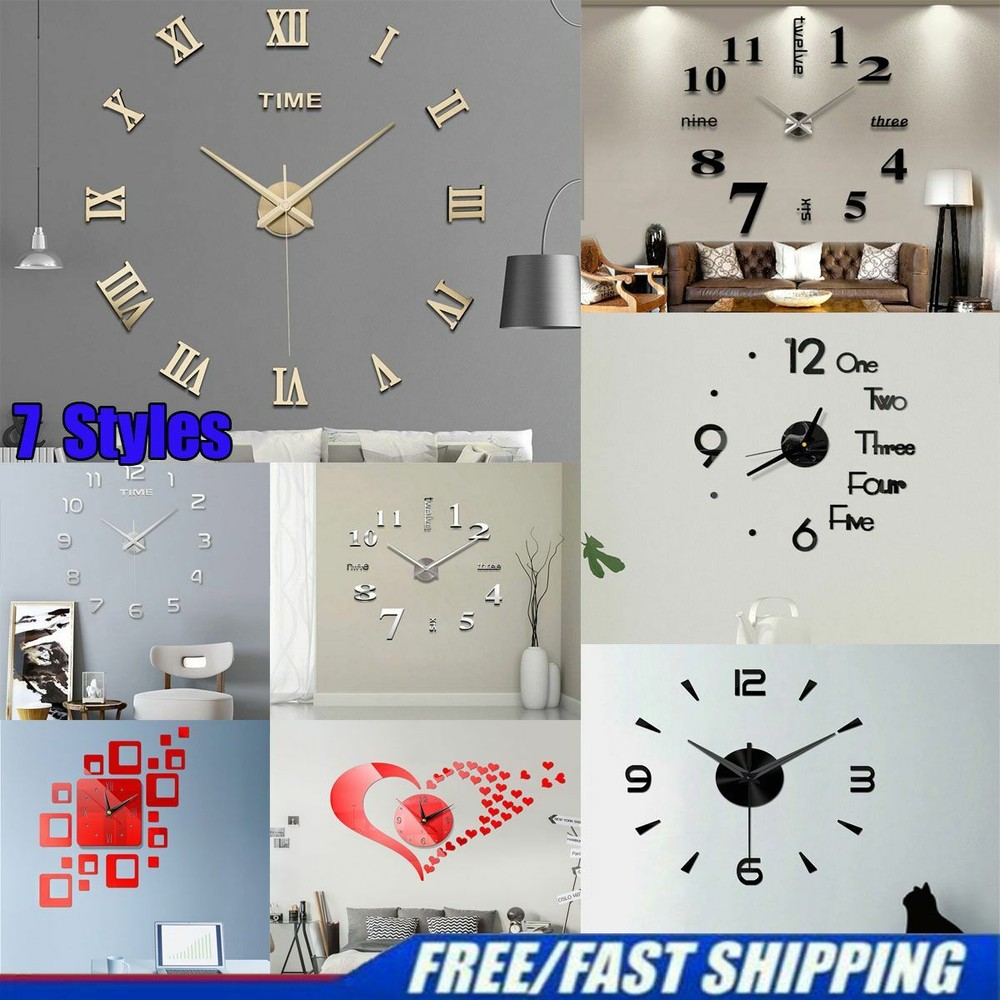 7 Styles Modern DIY Large Wall Clock 3D Mirror Surface Sticker Home Office Decor