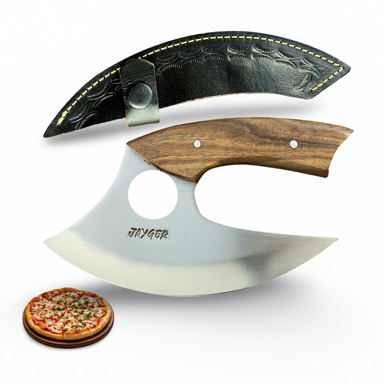 Handmade Ulu Knife with Leather Sheath – Carbon Steel Pizza Cutter & Curved B... gallery