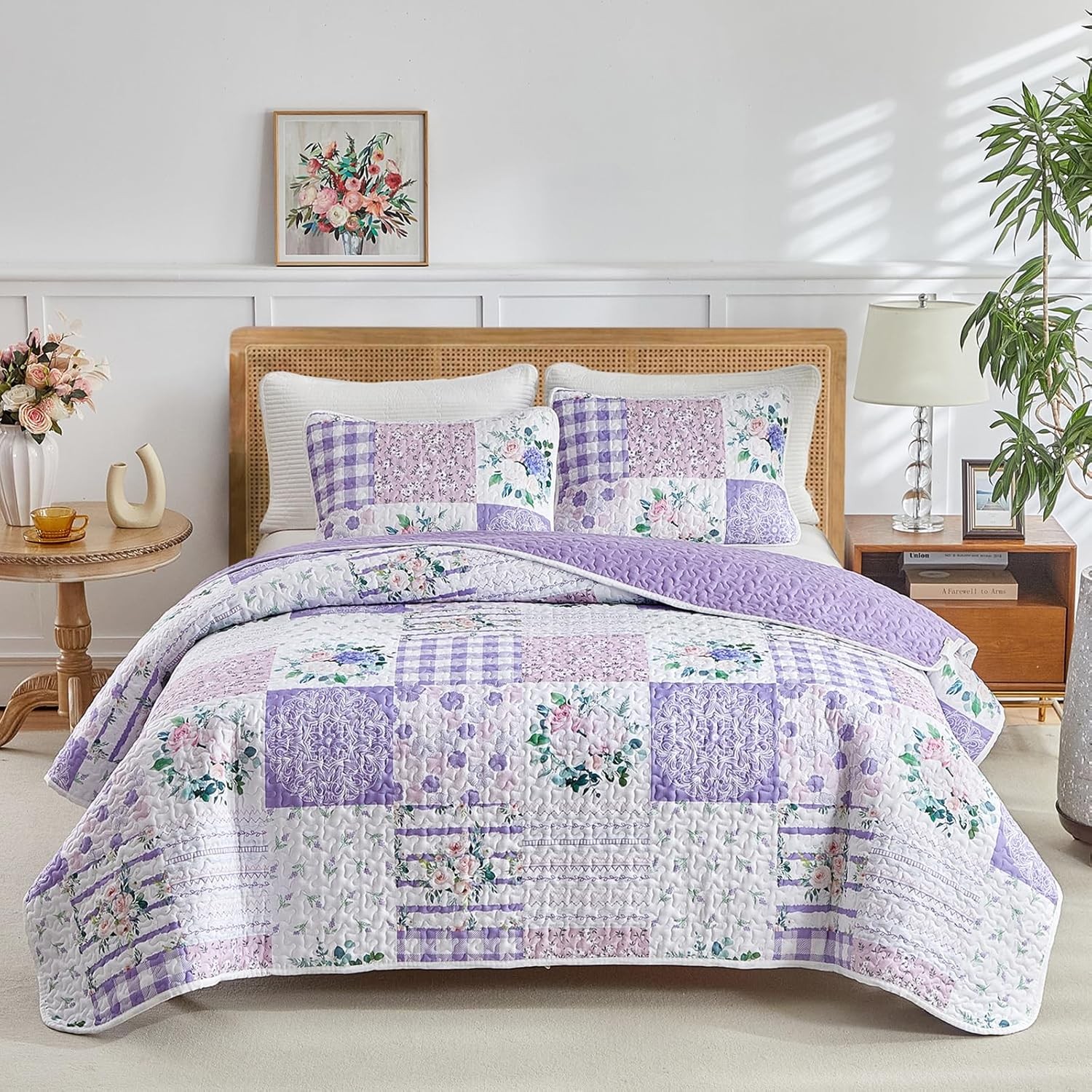 3 Pieces Floral Quilt Set Queen, Patchwork Purple n Pink Flowers Design gallery