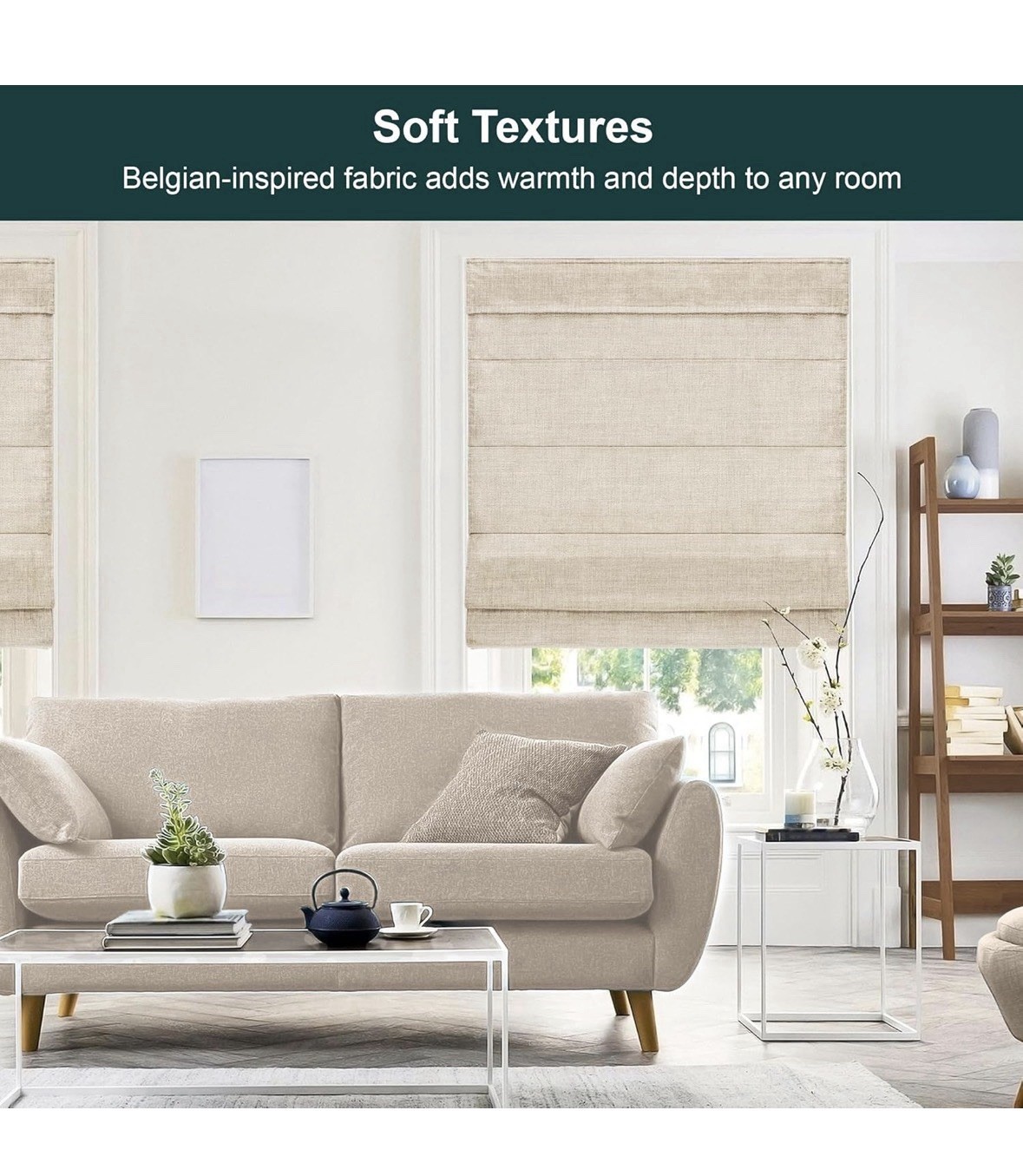 Cordless Roman Shade, Light Filtering Privacy Liner, Textured Belgian Flax Fa... gallery