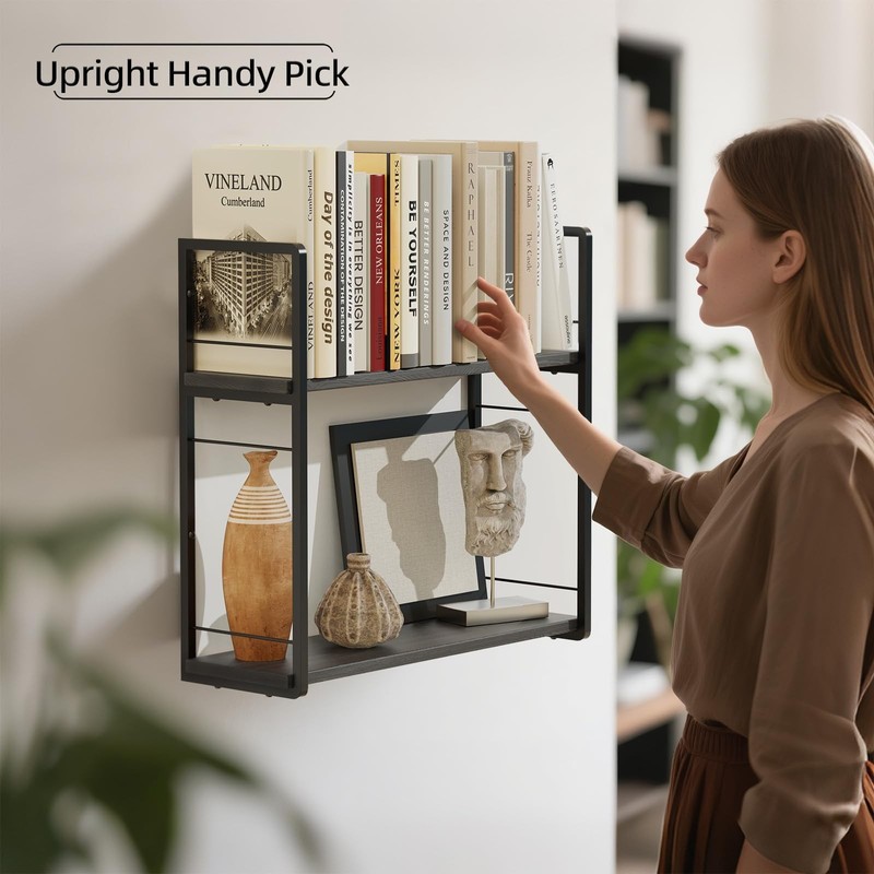 2Layer Floating Bookshelf 16 Inch Stud Wall Mount Hanging Shelf Black gallery