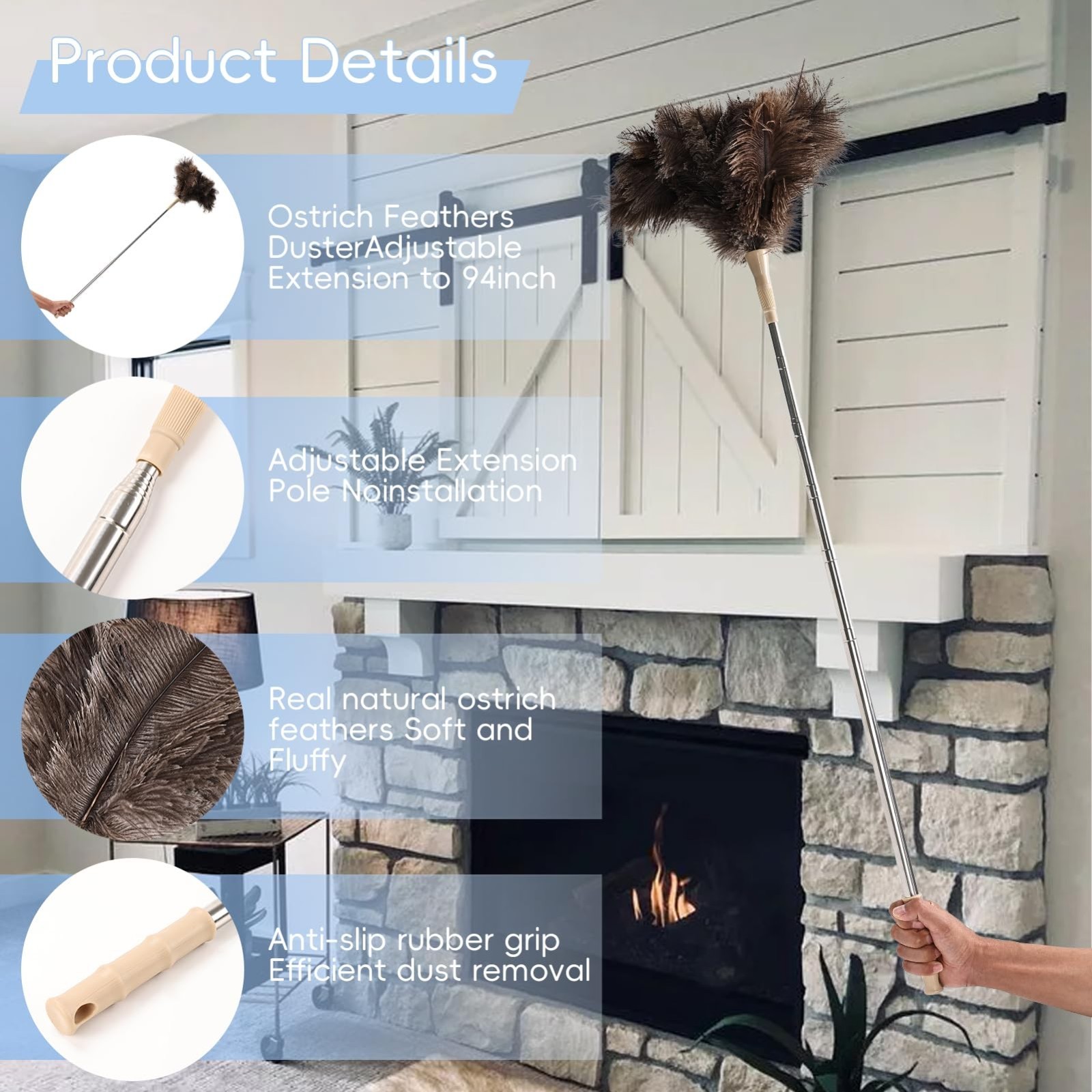 Fluffy Ostrich Feather Duster, Extendable 27-94 Inches, Ceiling Cleaner, Brown gallery