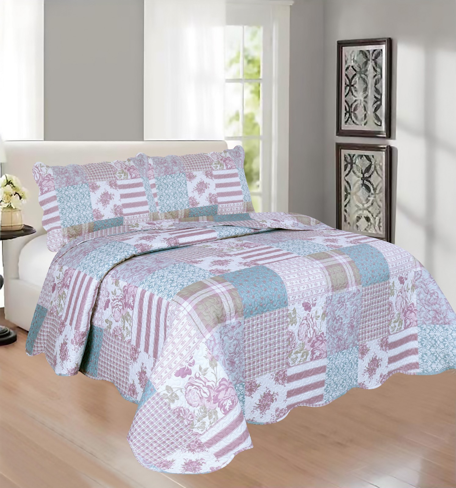 3-Piece king Size Printed Patchwork Quilt Set multi color Flower Floral Strip gallery