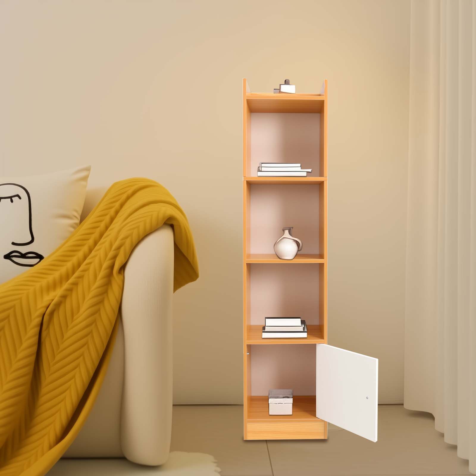 4 Tier Bookshelf, Narrow Bookcase, Small Book Shelf for Home Office, Log Color gallery