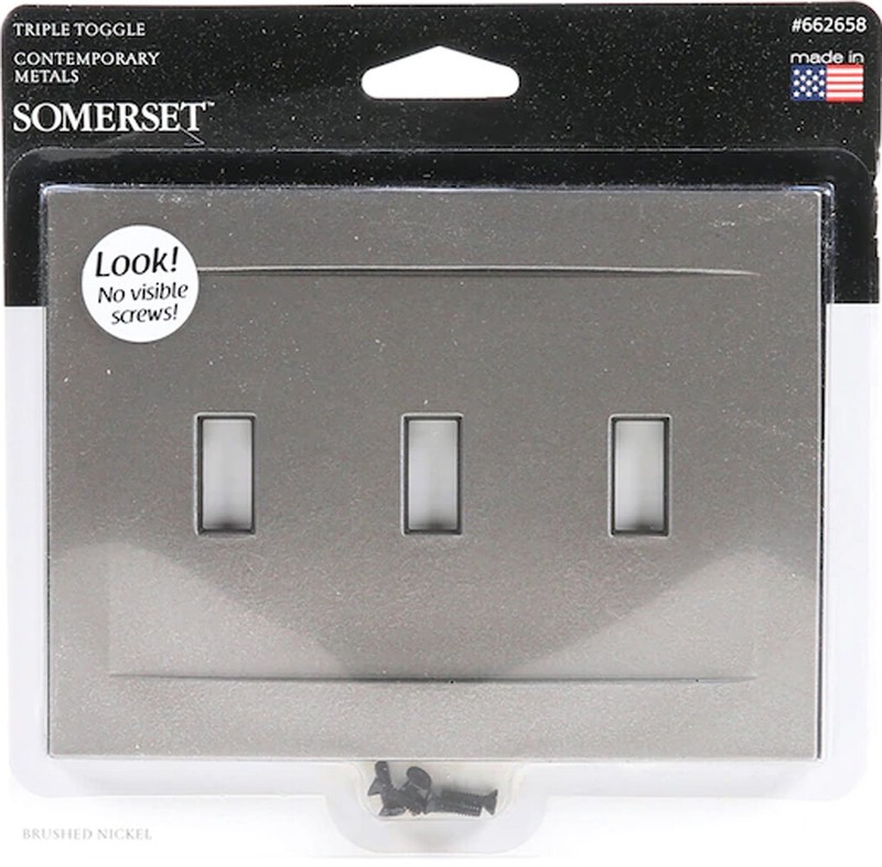 Brushed Nickel Triple Toggle Light Switch Wallplate NO VISIBLE SCREWS USA 662658 gallery