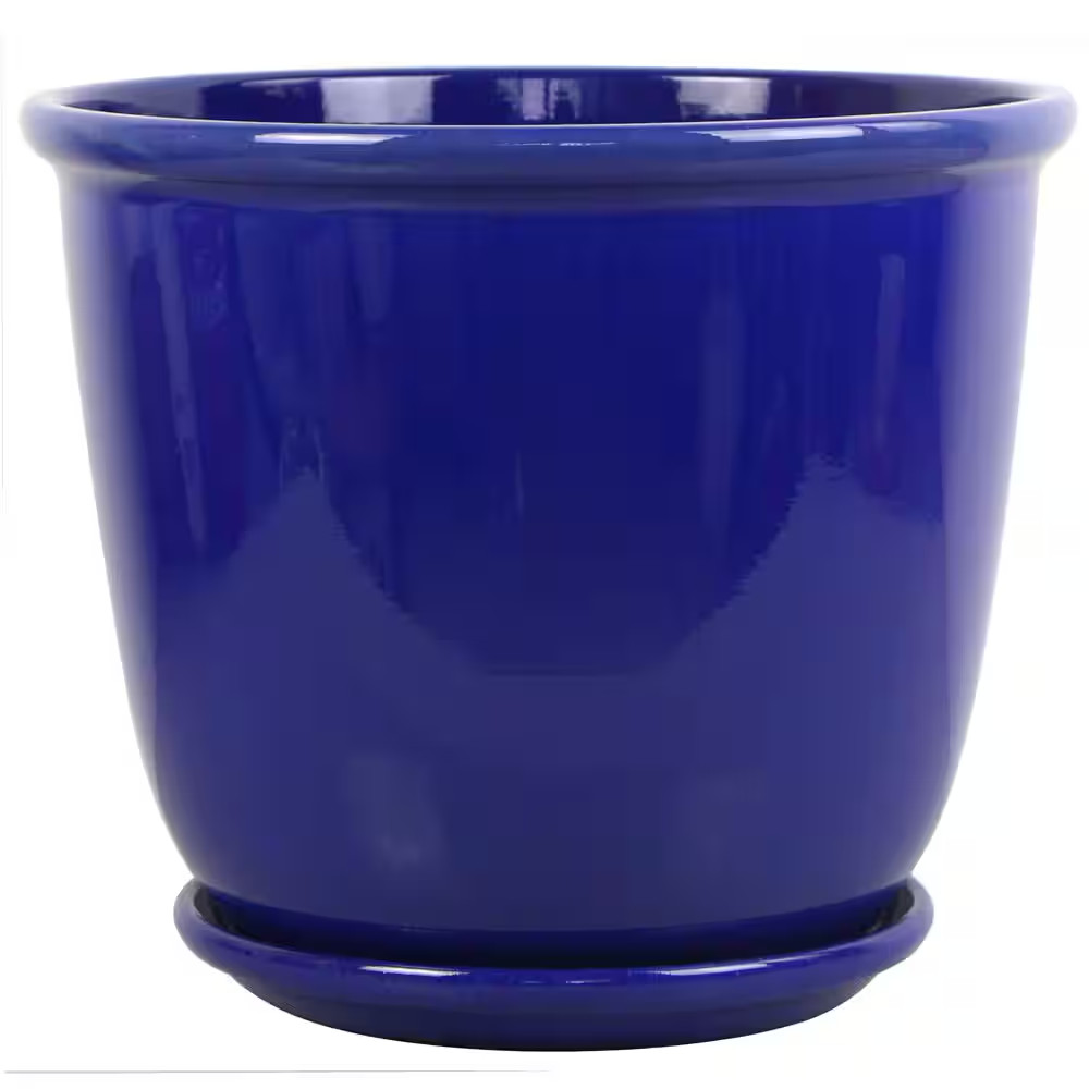 14 In Delphine Blue Glazed Plastic Planter with Drainage Hole & Saucer 14x12 In gallery