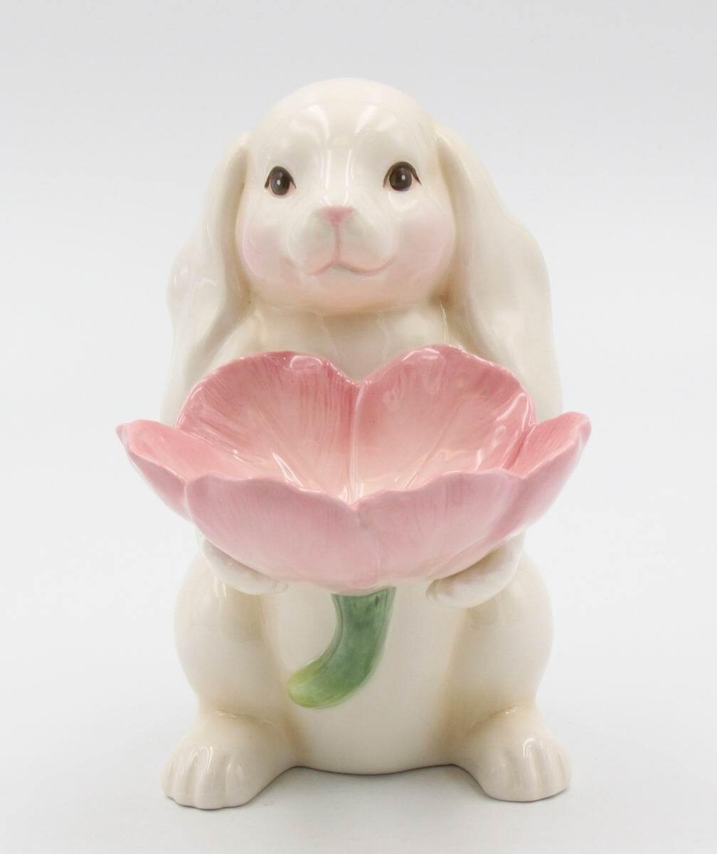 Springtime Bunnies: Easter Bunny Rabbit Holding Pink Flower Candy Dish, Spring D gallery