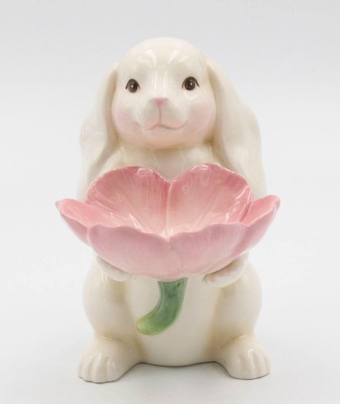 Springtime Bunnies: Easter Bunny Rabbit Holding Pink Flower Candy Dish, Spring D gallery