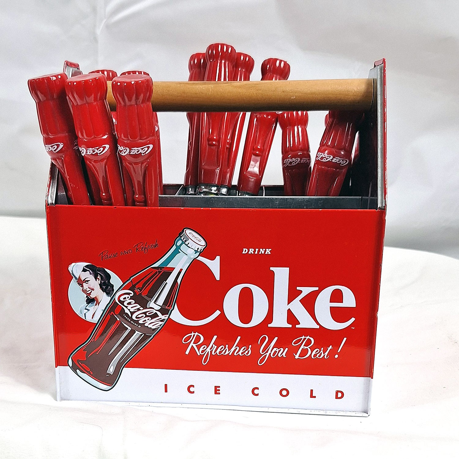 Coca Cola Coke 16 Pc. Gibson Flatware Silverware Set plus Metal Caddy gallery