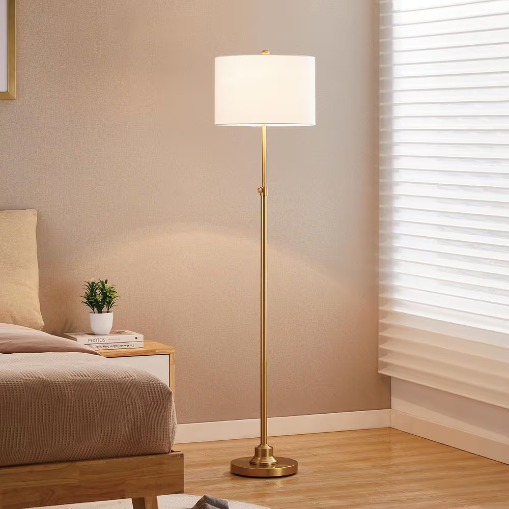 63.5 In. Antique Brass Adjustable Standard Floor Lamp with White Linen Shade gallery