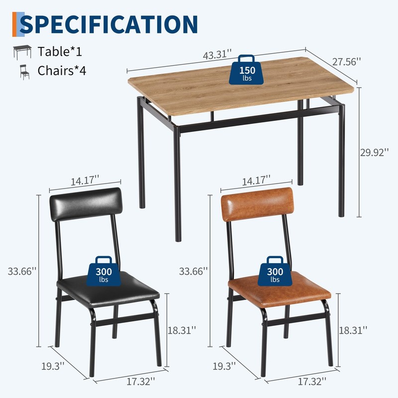 Dining Table Set 5 Piece Metal Table & 4 Chairs, Kitchen Breakfast Furniture Set gallery