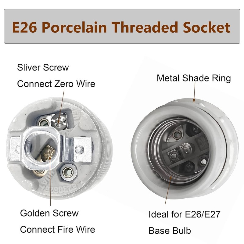 E26 Medium Base Ceramic Light Socket with Shade Ring, Keyless Porcelain Socket w gallery