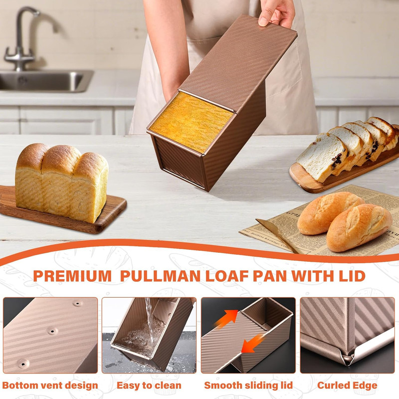 2 Pack Pullman Loaf Pan with Lid, 1 Lb/0.5 Lb Dough Capacity for Homemade Bread gallery