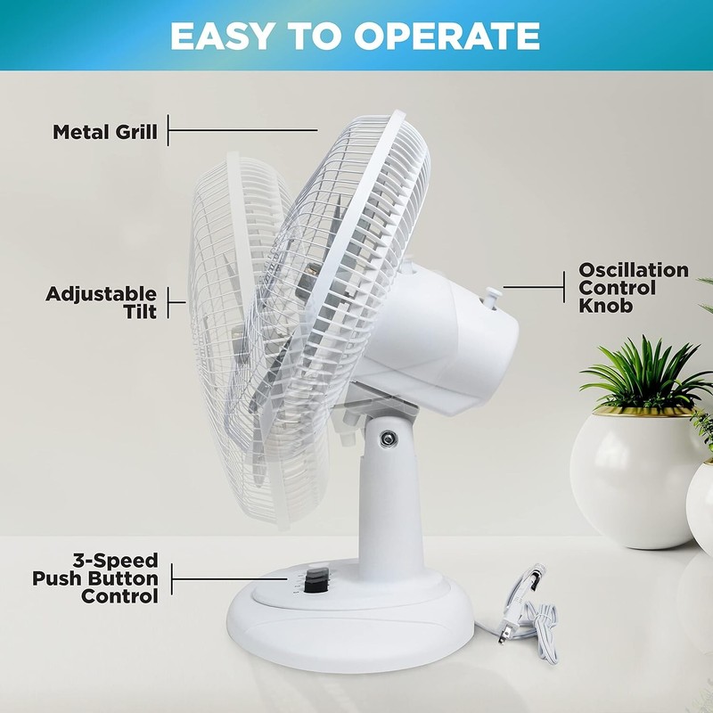 Comfort Zone 16" 3-Speed Oscillating Table Fan with Adjustable Tilt, White gallery