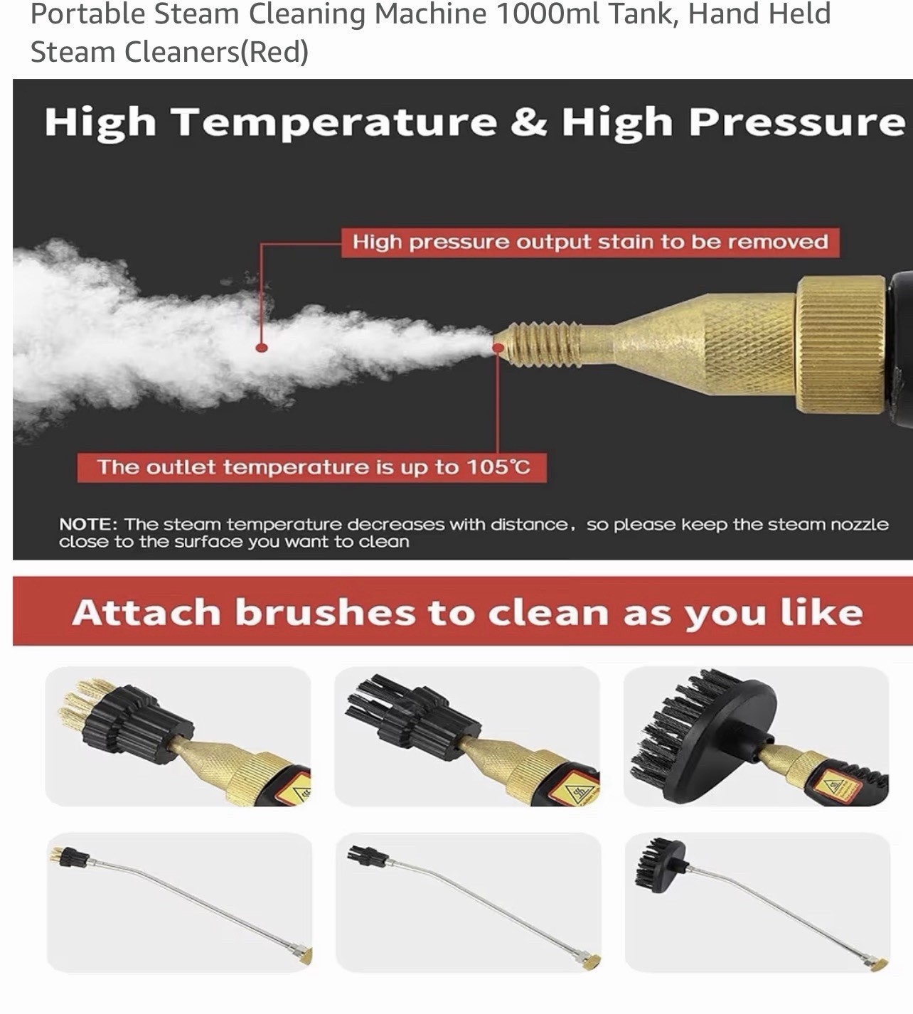 Portable Steam Cleaning Machine 1000ml Tank, Hand Held Steam Cleaners(Red) gallery