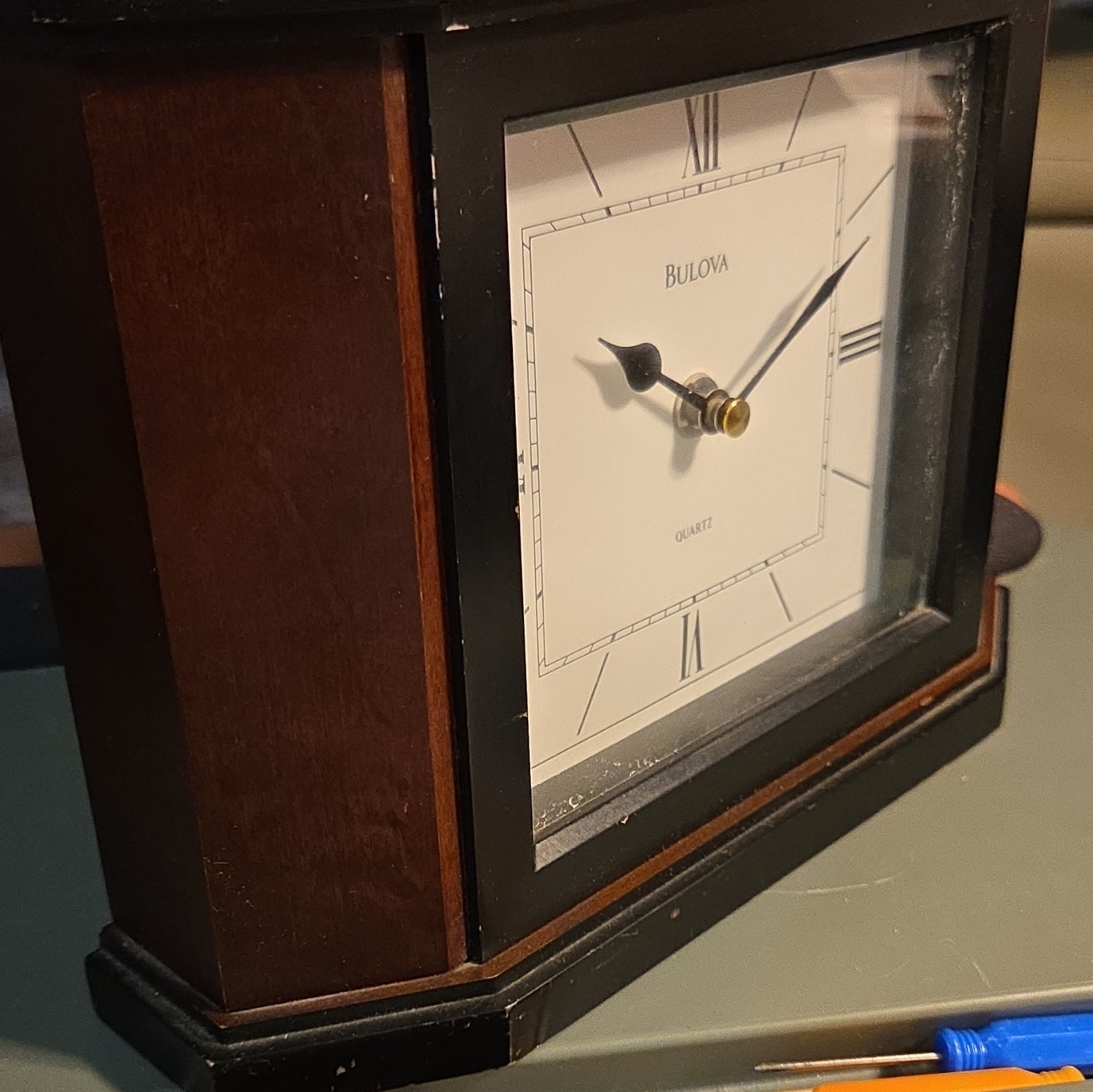 Bulova Quartz Desk Clock Rectangle Wood Glass Brown Black Analog Roman Numerals gallery