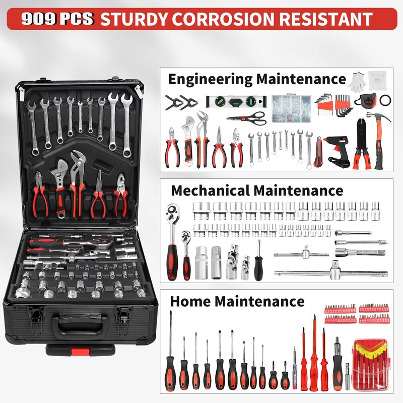 Tool Set Mechanics 909 PCS Tool Kit Wrenches Socket Repair Tool Case w/wheels gallery
