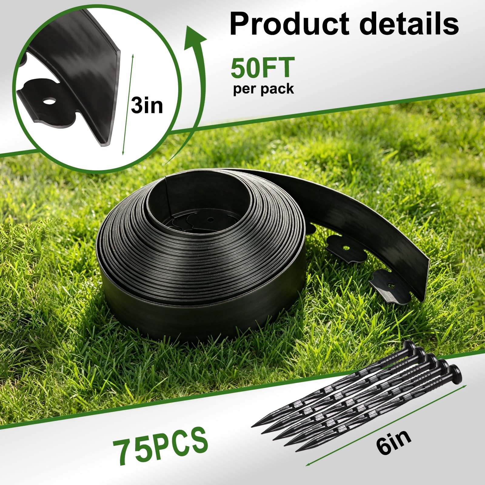 3 Inch x 50 FT Plastic Garden Landscape Edging Border Roll With 75 PCS Spikes gallery