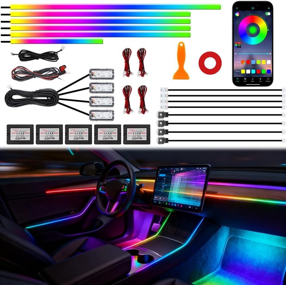 Acrylic Interior Car Ambient Lighting, Interior RGB LED Strip Kit with Music Syn