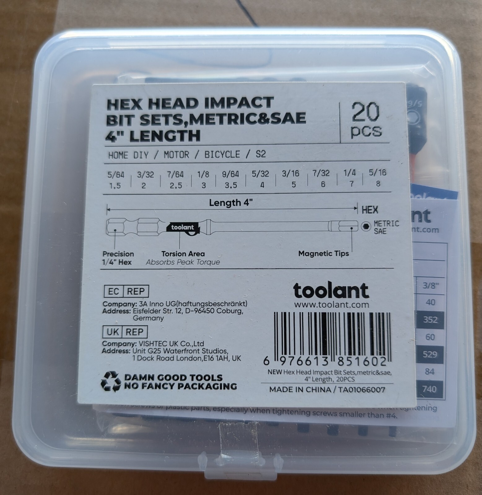 Toolant 4" Long Hex Drive Impact Metric SAE Bit Set Allen Wrench Quick Connect gallery