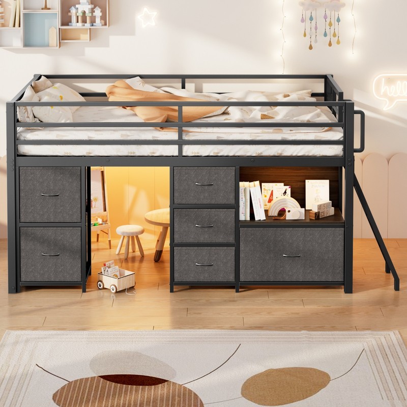 Full Size Low Loft Bed with 6 Storage Drawers, Bookcase, LED Lights Play Curtain gallery