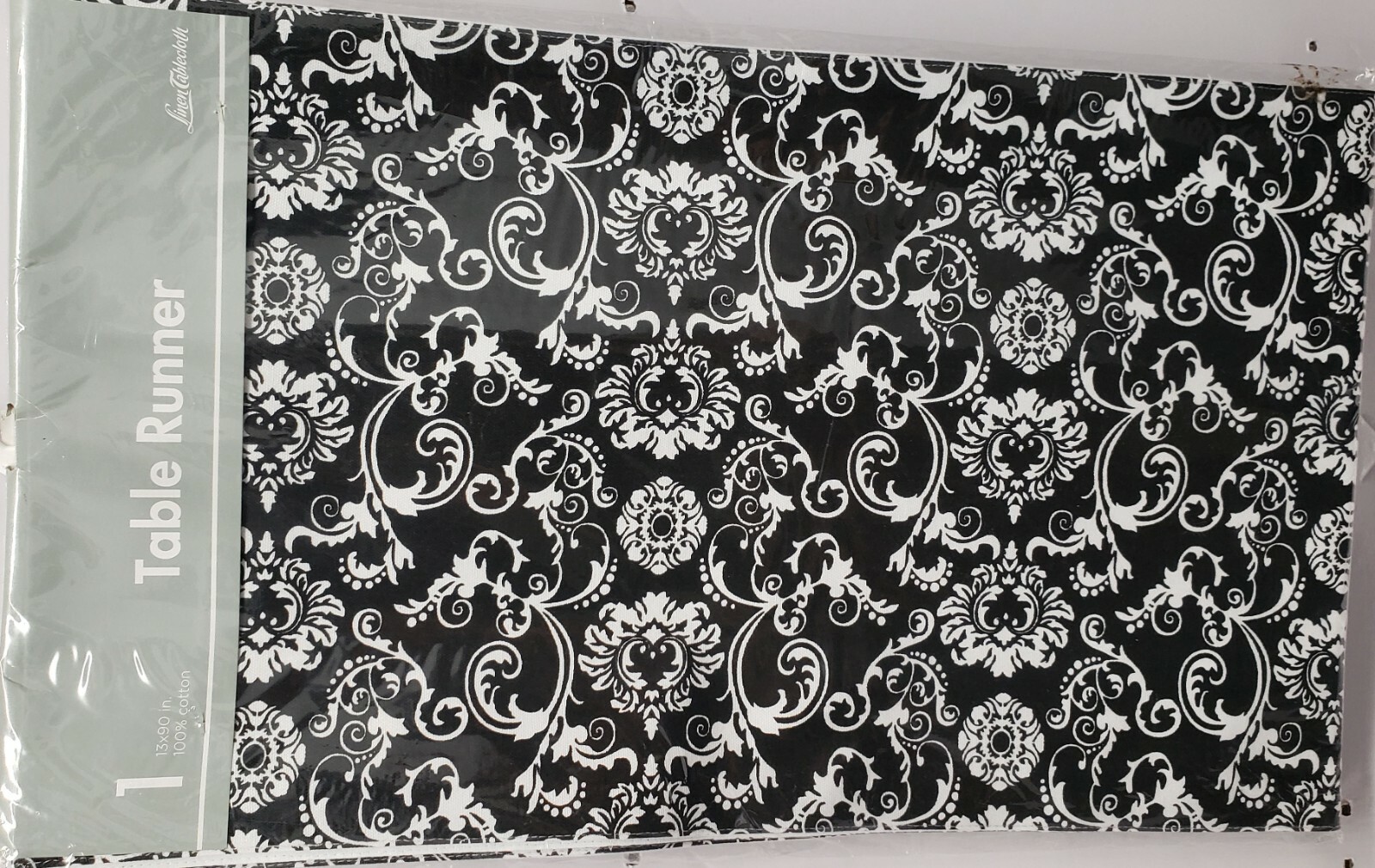 Fabric Linen Cotton Table Runner (13" x 90") WHITE DAMASK FLOWERS ON BLACK, LT gallery