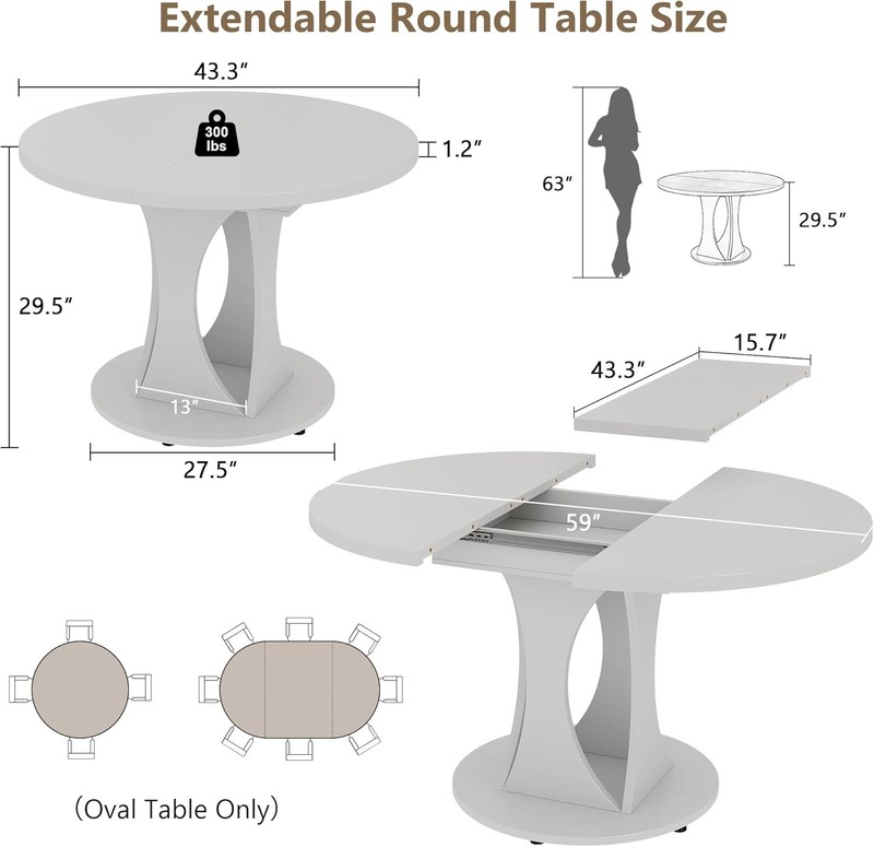 59" Extendable Round Dining Table 6-8 Kitchen Table W/ Sturdy Double Arc Base gallery