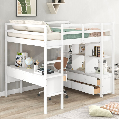 Full Size Loft Bed with Desk & Storage Cabinets Shelves Bookcase Wood Bed Frames gallery