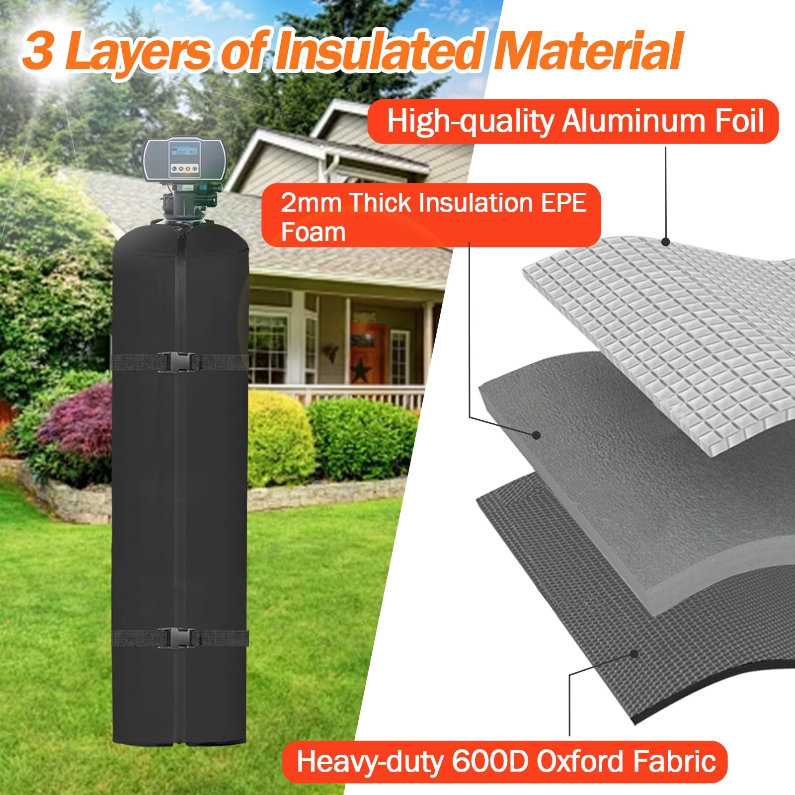 Water Softener Cover Outdoor, 3 Layers Insulation 10''D x 54''H, Black gallery