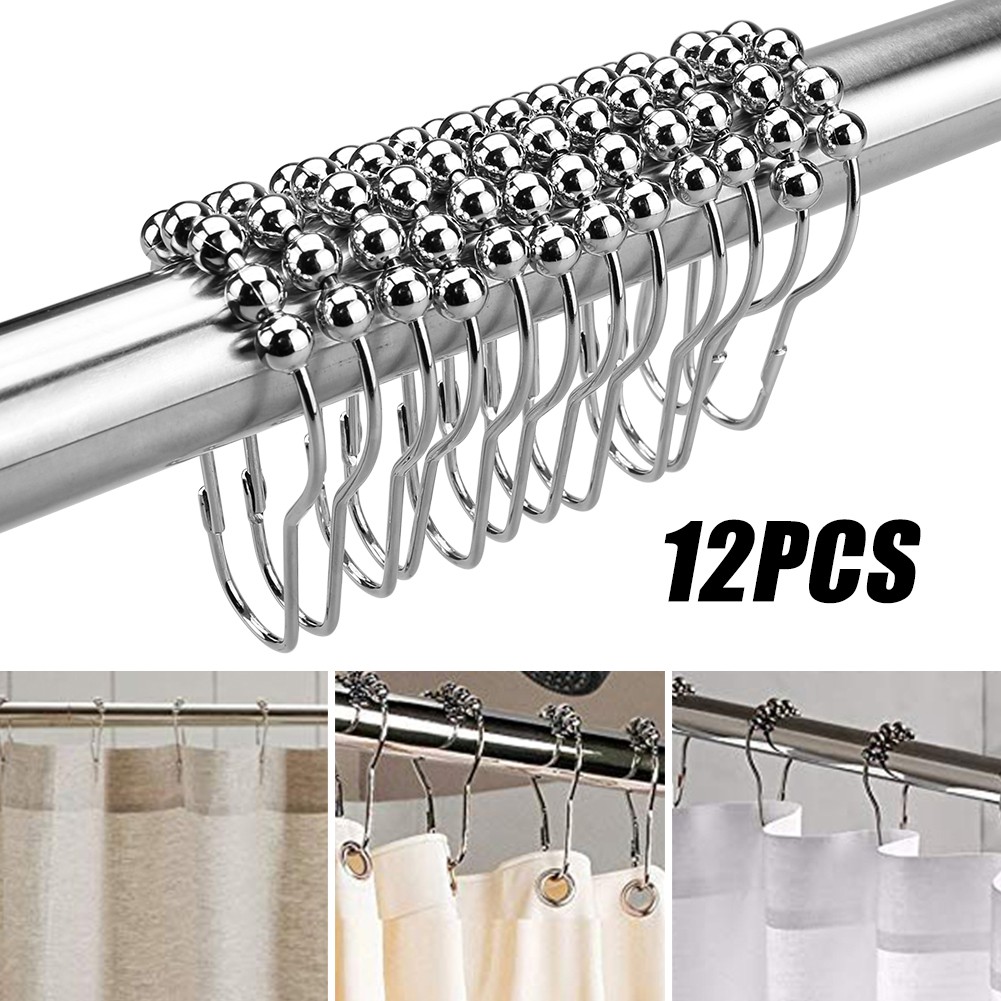 60 Pcs Set Stainless Steel Bathroom Shower Curtain Rings Hooks with Roller Ball gallery