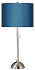 Modern Table Lamp Brushed Nickel Silver Blue Faux Silk Drum Shade Living Room