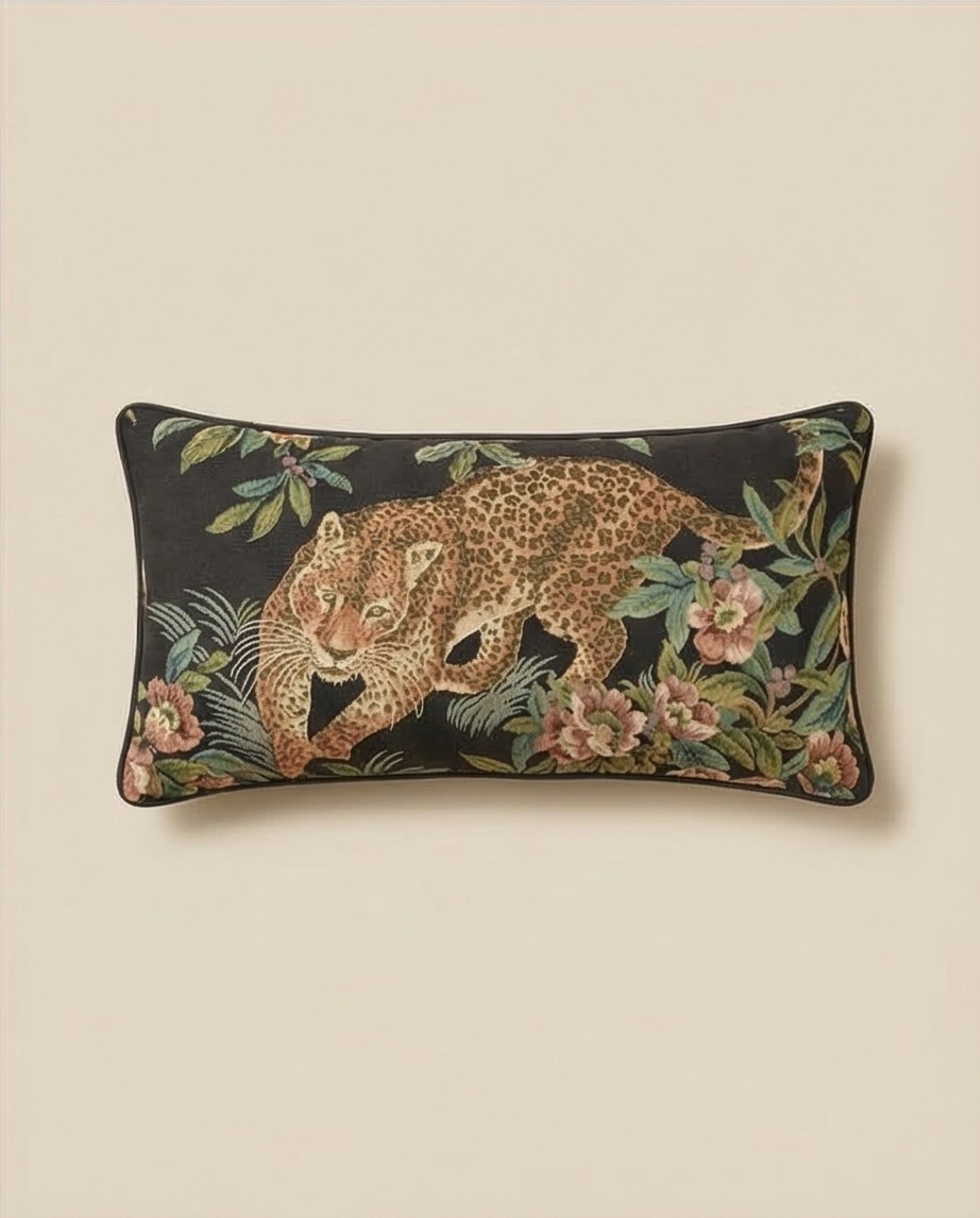 VTG Leopard Tapestry Pillow Lumbar Throw Floral 24"×12" gallery